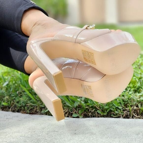 Women's Platform Heeled Mule Open Loafers Nude Color Patent - Picture 6 of 6